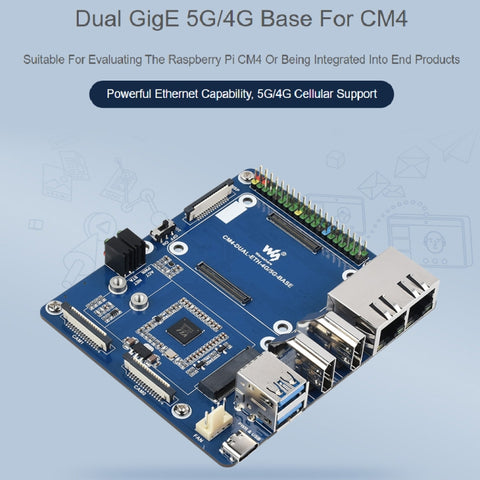 Carte mère Waveshare Dual Gigabit Ethernet 5G/4G pour Raspberry Pi CM4