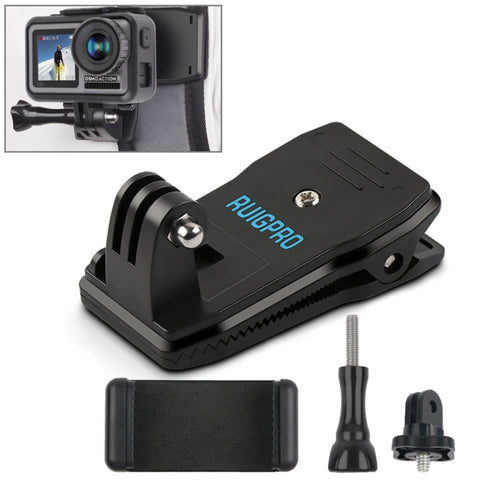 RUIGPRO Zaino con rotazione a 360 Gradic-Mounts Supporto con morsetto a clip + Morsetto per telefono per GoPro HERO9 Black / HERO8 Black /7 /6 /5 /5 Session /4 Session /4 /3+ /3 /2 /1, DJI Osmo Action, Xiaoyie altre action camera, Rec-Mounts+Clamp