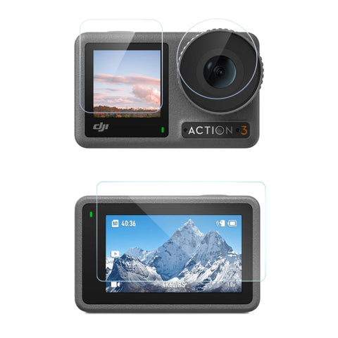Per DJI Osmo Action 3 Obiettivo 3 in 1 Pellicola antideflagrante diamantata per schermo anteriore e posteriore, Per DJI Osmo Action 3