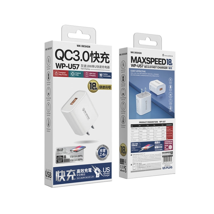 WK WP-U57 Max 18W Maxspeed QC3.0 Fast Charger + USB to 8 Pin Data Cable, US Plug, EU Plug, UK Plug