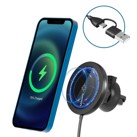 Mriowiz M-2002W Batterie magnétique sans fil pour voiture MagSafe de 15 W avec rotation à 360 degrés pour iPhone série 12, avec câble de données USB + USB-C / Type-C, longueur de câble : 1 m, M-2002W