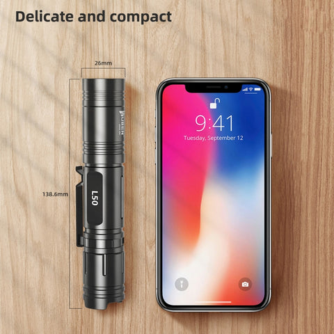WUBEN L50 Torcia elettrica portatile da esterno a LED a luce forte ricaricabile tramite USB in alluminio, L50