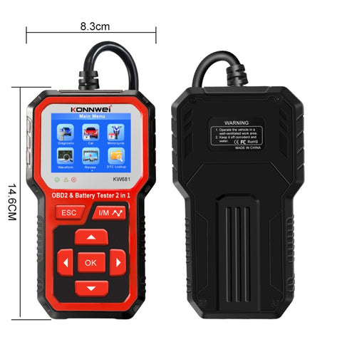 KONNWEI KW681 Auto Schermo TFT da 2,4 pollici Diagnosi guasti OBD + Tester batteria 6V-12V Supporto 9 lingue, KW681