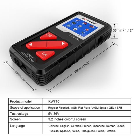 KONNWEI KW710 Tester per batterie al piombo-acido da 3,2 pollici 6V-24V per auto, supporta 13 lingue, KW710