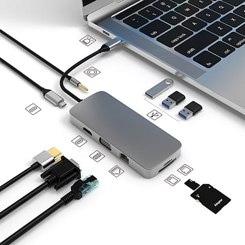 BL10V 10 in 1 da USB-C/Tipo-C a RJ45 + VGA + HDMI + 3,5 mm AUX + Slot per scheda SD/TF + PD USB-C/Tipo-C + USB 3.0 + 2 porte USB 2.0 Docking Station HUB, BL10V