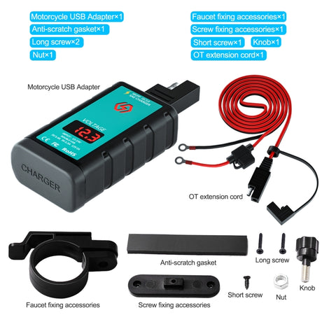 WUPP ZH-1422A3 Chargeur rapide double USB quadrato pour moto DC12-24V avec interrupteur + voltmètre + prise SAE intégrée + prise terminale OT de 1,4 m, ZH-1422A3