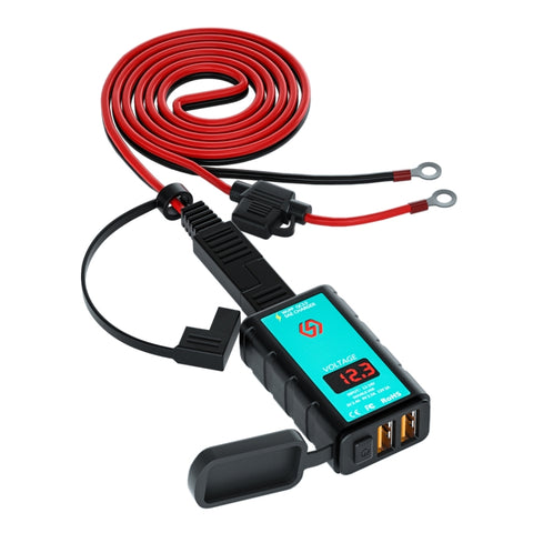 WUPP ZH-1422A3 Chargeur rapide double USB quadrato pour moto DC12-24V avec interrupteur + voltmètre + prise SAE intégrée + prise terminale OT de 1,4 m, ZH-1422A3