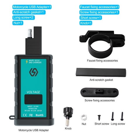 WUPP ZH-1422B1 DC12-24V Caricatore quadrato unique USB + PD pour moto DC12-24V avec interrupteur + voltmètre + prise SAE intégrée, ZH-1422B1