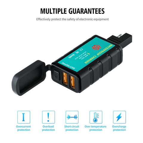 Chargeur de voiture rapide double USB quadrato pour moto WUPP ZH-1422C3 avec interrupteur + prise SAE intégrée + prise terminale OT de 1,4 m, ZH-1422C3