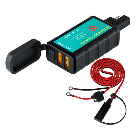 Chargeur de voiture rapide double USB quadrato pour moto WUPP ZH-1422C3 avec interrupteur + prise SAE intégrée + prise terminale OT de 1,4 m, ZH-1422C3