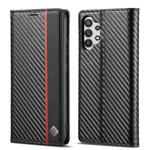 LC.IMEEKE Custodia in Pelle Flip Orizzontale in PU + TPU in Fibra di Carbonio con Supporto, Slot per Schede e Portafoglio per Samsung Galaxy A32 5G (Nero Verticale), For Samsung Galaxy A32 5G