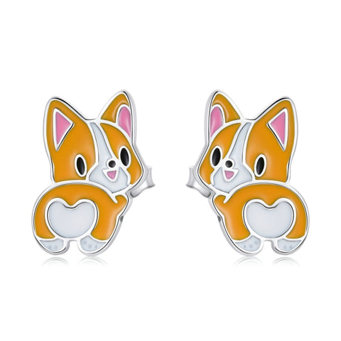 Orecchini da donna con orecchini a bottone Corgi in argento sterling S925, Cute Corgi
