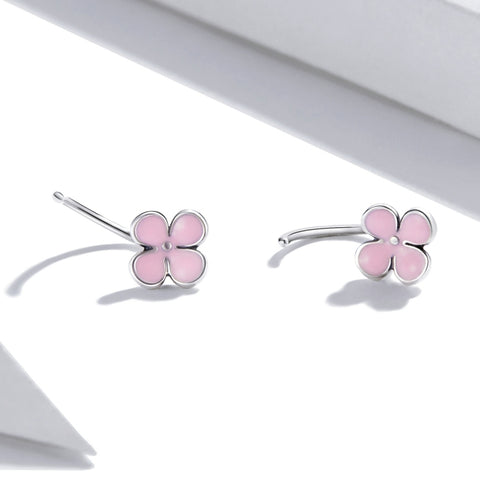 Orecchini da donna con orecchini a bottone con fiori rosa in argento sterling S925, Fiori rosa