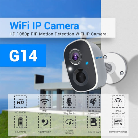 Telecamera WiFi a infrarossi per visione notturna con riconoscimento AI Full HD 1080P ricaricabile ESCAM G14, G14