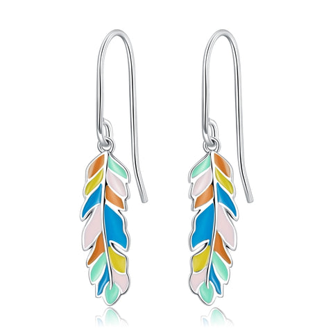 Orecchini da donna con gancio per l'orecchio in piuma colorata in argento sterling S925, Colourful Feather
