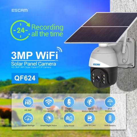 Telecamera IP ESCAM QF624 PT WiFi 1080P HD con Pannello Solare e