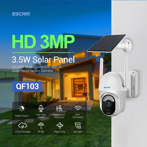 ESCAM QF103 3MP Cloud Storage PT WIFI Allarme PIR Telecamera IP con pannello solare Supporto batteria Visione notturna a colori e audio bidirezionale, QF103