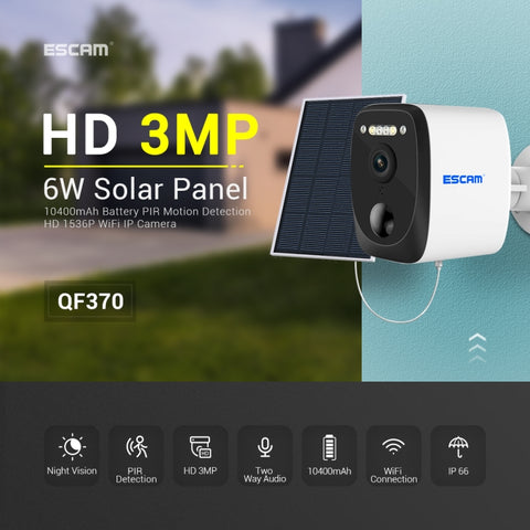 ESCAM QF370 Télécaméra IP avec panneau solaire 3MP Cloud Storage PT WIFI avec alarme PIR Prise en charge de la vision nocturne et audio bidirectionnelle, QF370