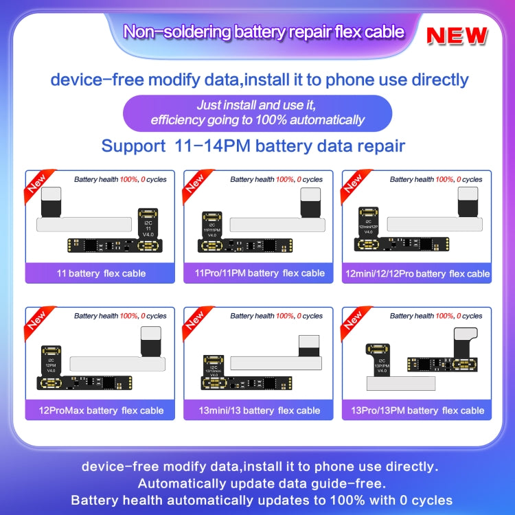 I2C External Battery Repair Cable, For iPhone 15 Pro Max / 15 Pro, For iPhone 15 / 15 Plus, For iPhone 13 Pro Max / 13 Pro, For iPhone 13 / 13 mini     ...