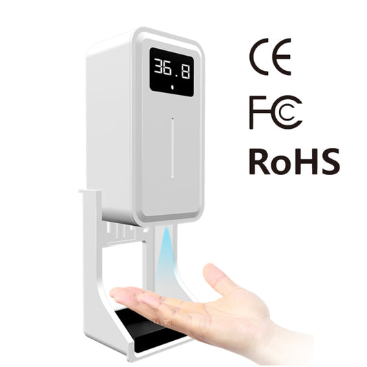 Rehabor A Termometro con sensore di distanza sensibile alla luce a mani libere e senza contatto + Dispenser automatico per spruzzatura di sapone liquido senza contatto da 450 ml con supporto su base, Rehabor A