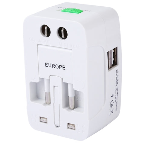 Convertitore universale da viaggio multifunzione 110-250 V con doppia interfaccia USB, spina EU/UK/US/AU