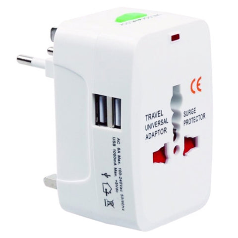Convertitore universale da viaggio multifunzione 110-250 V con doppia interfaccia USB, spina EU/UK/US/AU