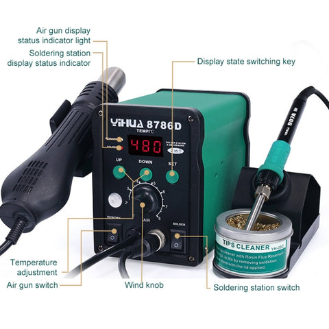 YIHUA 8786D 2 en 1 AC 220 V affichage LED pistolet à air chaud à température réglable + station de saldature et de saldateur, 8786D