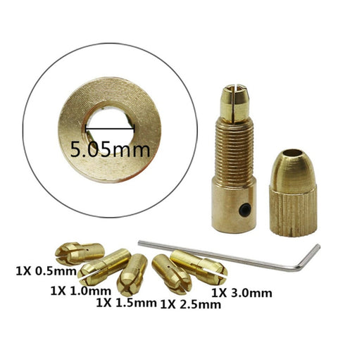 7 pièces/set ottone 0,5-3 mm piccola punta da trapano elettrico pinza micro twist 5,05 mm set di mandrini con chiave, 5.05mm