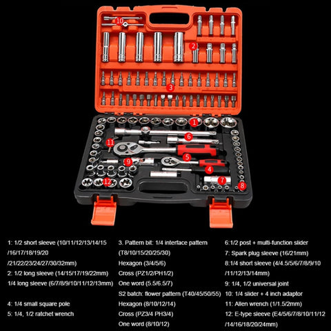 Set de chiavi a cricchetto per cassetta degli attrezzi combinata per riparazione auto 108 in 1 multifunzione, 108 In 1