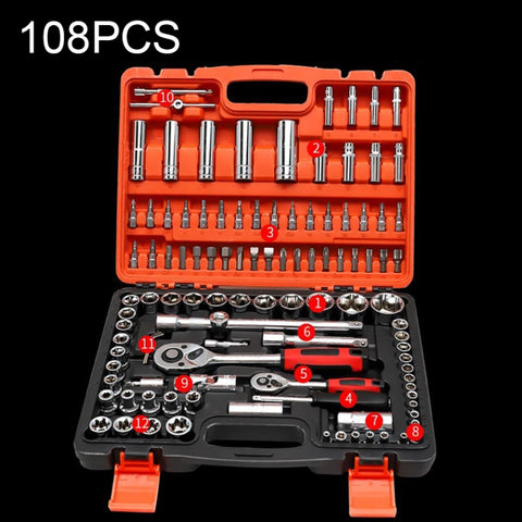 Set de chiavi a cricchetto per cassetta degli attrezzi combinata per riparazione auto 108 in 1 multifunzione, 108 In 1