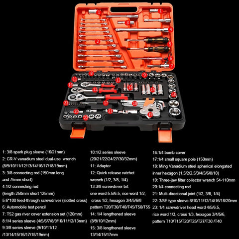 Set de chiavi a cricchetto per cassetta degli attrezzi combinata per riparazione auto 121 in 1 multifunzione, 121 In 1
