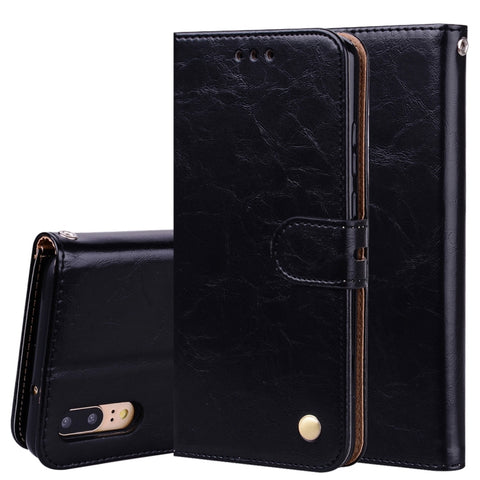 Per Huawei P20 Custodia in pelle con chiusura orizzontale con texture a cera d'olio stile business con supporto, slot per carte e portafoglio, For Huawei P20