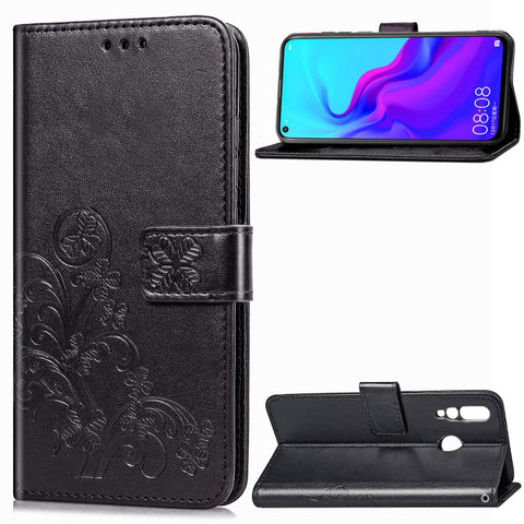 Custodia in pelle con motivo fiori pressati Lucky Clover per Huawei Nova 4, con supporto, scomparti per carte, portafoglio e cinturino da polso, For Huawei Nova 4, Huawei Nova 4