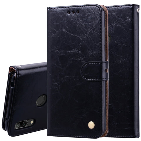 Custodia in pelle a vibrazione orizzontale con texture a cera d'olio stile business per Huawei Y7 (2019), con supporto, slot per carte e portafoglio, For Huawei Y7 (2019)