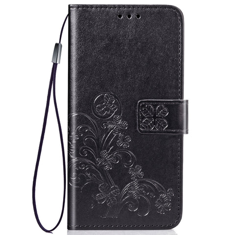 Custodia in pelle con motivo fiori pressati Lucky Clover per Huawei Y6 2019, con supporto, scomparti per carte, portafoglio e cinturino da polso, For Huawei Y6 2019, Huawei Y6 2019