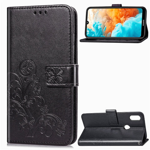 Custodia in pelle con motivo fiori pressati Lucky Clover per Huawei Y6 2019, con supporto, scomparti per carte, portafoglio e cinturino da polso, For Huawei Y6 2019, Huawei Y6 2019