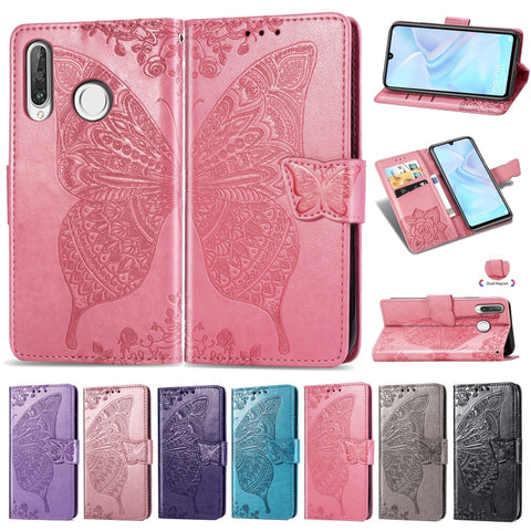Custodia in Pelle Flip Orizzontale con Stampa Farfalla e Fiori d'Amore per Huawei P30 Lite / Nova 4e, con Supporto, Slot per Carte, Portafoglio e Cordino, For Huawei P30 Lite / Nova 4e