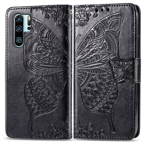 Custodia in pelle con vibrazione orizzontale in rilievo con fiori d'amore a forma di farfalla per Huawei P30 Pro, con supporto, scomparti per carte, portafoglio e cordino, Per Huawei P30 Pro