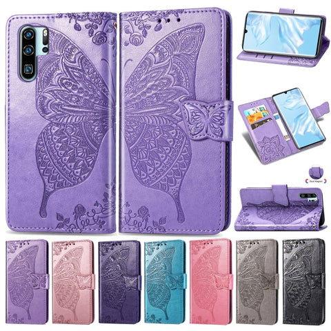Custodia in pelle con vibrazione orizzontale in rilievo con fiori d'amore a forma di farfalla per Huawei P30 Pro, con supporto, scomparti per carte, portafoglio e cordino, Per Huawei P30 Pro