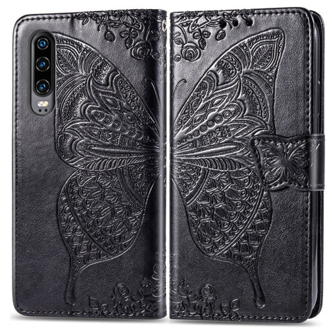 Custodia in pelle con chiusura orizzontale con stampa Butterfly Love Flowers per Huawei P30, con supporto, scomparti per carte, portafoglio e cordino, For Huawei P30