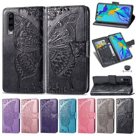 Custodia in pelle con chiusura orizzontale con stampa Butterfly Love Flowers per Huawei P30, con supporto, scomparti per carte, portafoglio e cordino, For Huawei P30