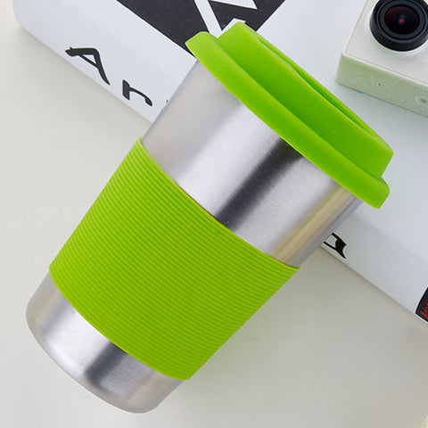Tasse pour bevande con bordo arricciato in acciaio inossidabile elettrolucidato a parete singola da 500 ml avec fascia circolare et tappo in gomma, 500ml