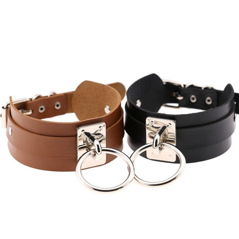 Collana girocollo a forma di O da discoteca con chiusura ad anello largo in argento europeo e americano in pelle PU Harajuku, Anello in argento