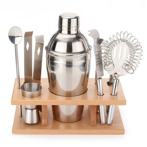 Set di strumenti per shaker per cocktail 9 in 1 in acciaio inossidabile con supporto in legno, capacità: 550 ml, 550ml