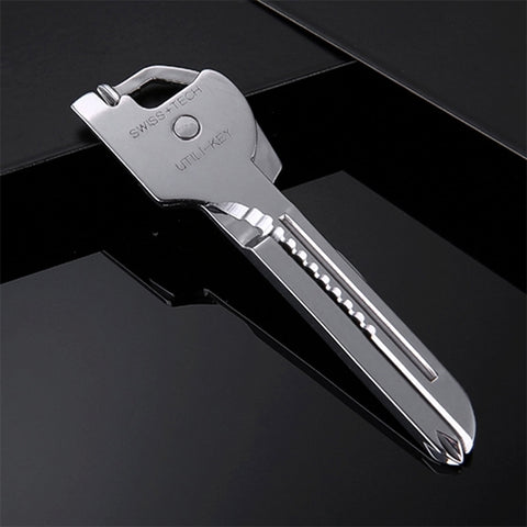 SWISS+TECH Portachiavi multifunzione da esterno 6 in 1 in acciaio inossidabile, portachiavi pieghevole con mini utensili