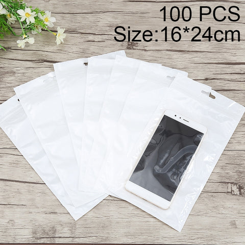 100 pz 16 cm x 24 cm foro per appendere trasparente frontale bianco perla gioielli sacchetto di imballaggio con chiusura a zip, stampa personalizzata e dimensioni sono i benvenuti, 16*24cm
