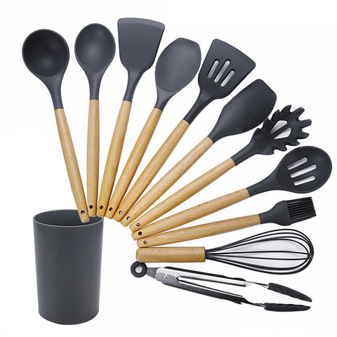 Cucchiaio Spatola Antiaderente in Silicone con Manico in Legno - Set