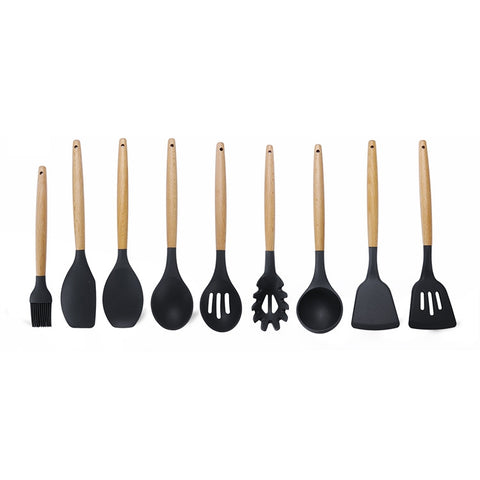 kn020 Set di utensili da cucina con spatola antiaderente in silicone con manico in legno versione A 9 in 1, Versione A