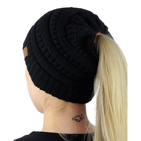 Cappello da lavoro a maglia con cappuccio a coda di cavallo con lettera CC per donna, Black+Grey, Red, Baby Blue, White, Wine Red, Brown, Black, Grey, Magenta