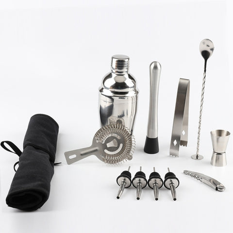 Set di strumenti per shaker per cocktail per vino in acciaio inossidabile 12 in 1 con borsa in tessuto, capacità: 550 ml, 550ml